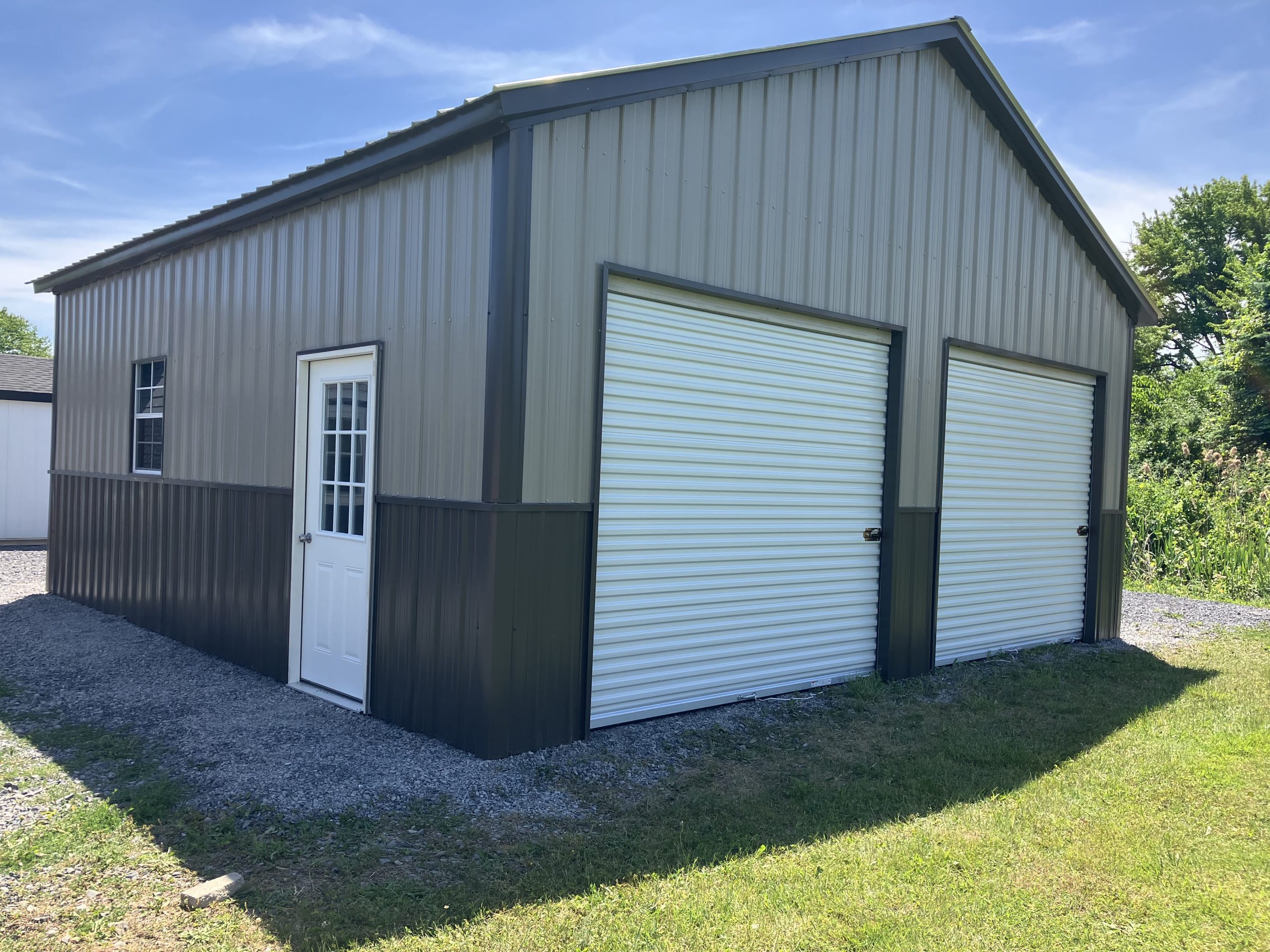 a grey, two-door metal garage