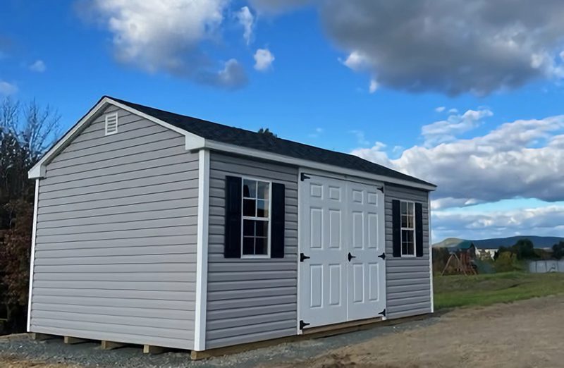 A cottage-style vinyl shed.